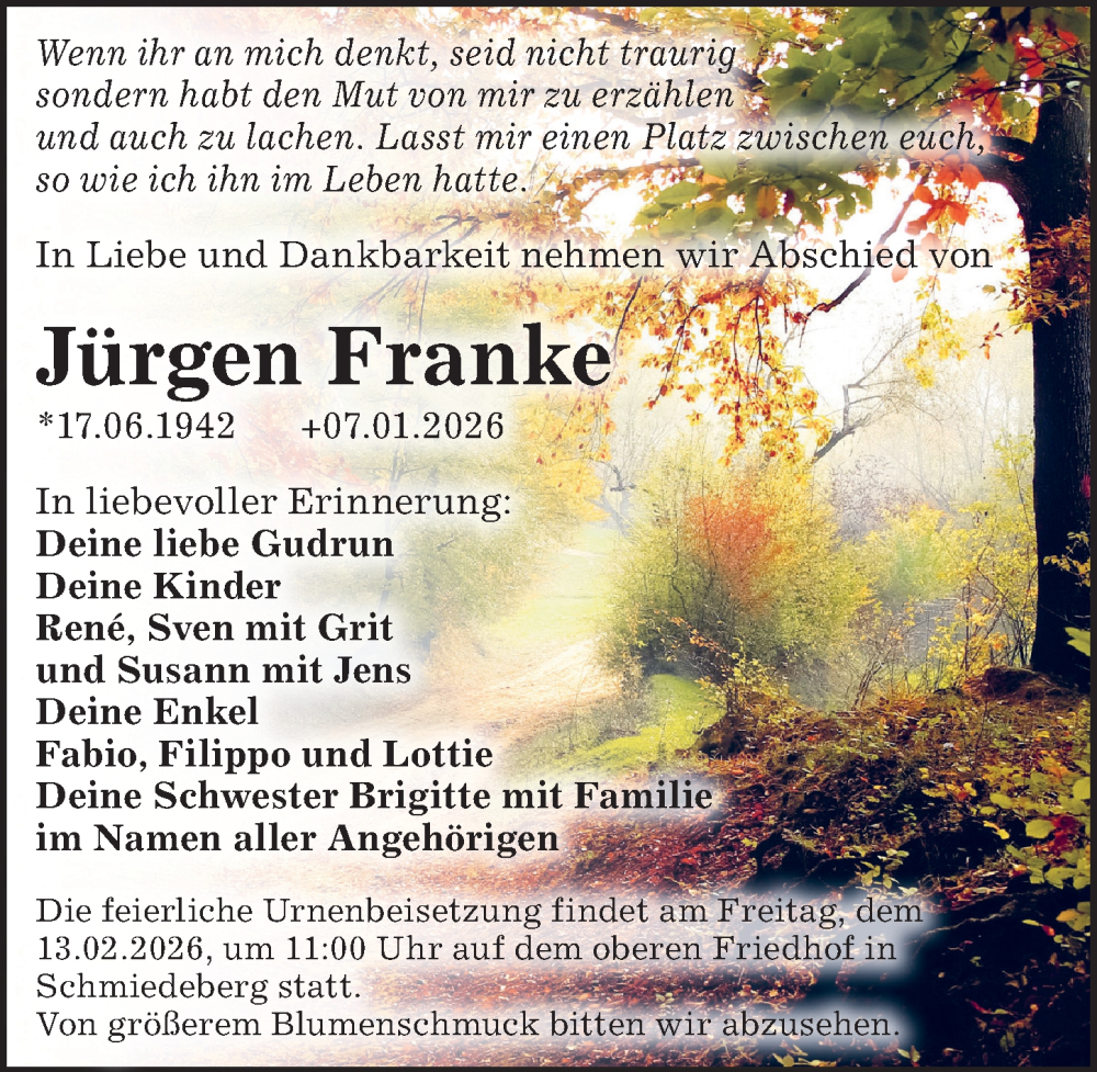  Traueranzeige für Jürgen Franke vom 24.01.2026 aus Sächsische Zeitung