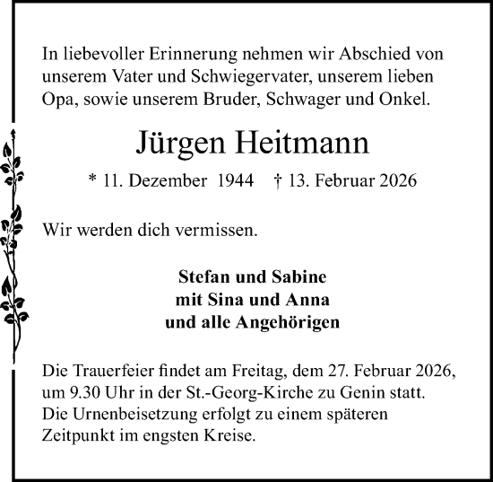 Traueranzeige von Jürgen Heitmann von Lübecker Nachrichten
