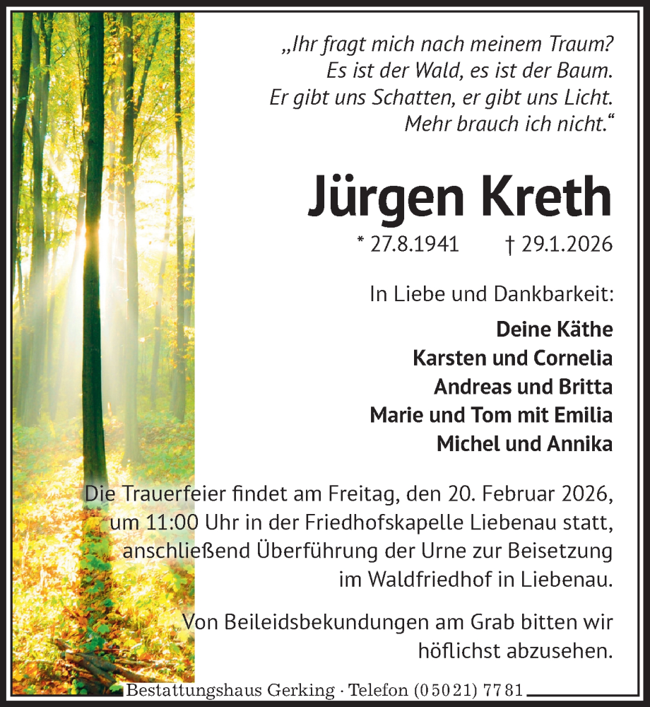  Traueranzeige für Jürgen Kreth vom 07.02.2026 aus Die Harke