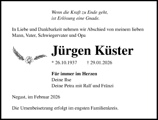 Traueranzeige von Jürgen Küster von Ostsee-Zeitung GmbH