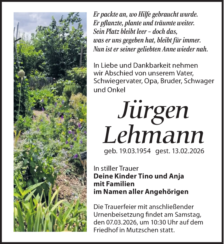  Traueranzeige für Jürgen Lehmann vom 28.02.2026 aus Leipziger Volkszeitung