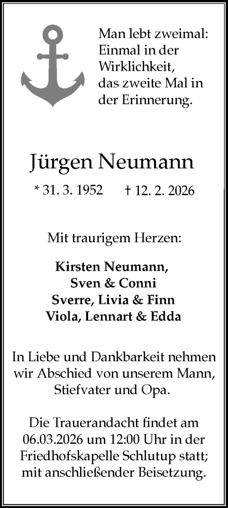 Traueranzeige von Jürgen Neumann von Lübecker Nachrichten