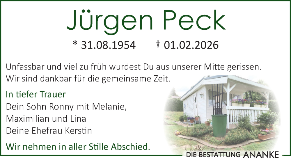  Traueranzeige für Jürgen Peck vom 14.02.2026 aus Sächsische Zeitung