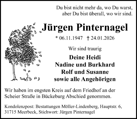Traueranzeige von Jürgen Pinternagel von Schaumburger Nachrichten
