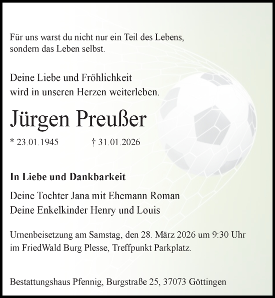 Traueranzeige von Jürgen Preußer von Göttinger Tageblatt