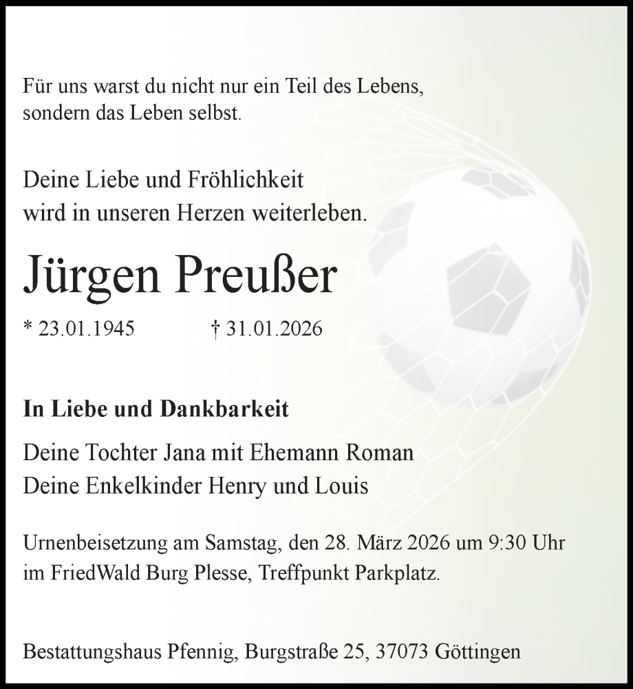 Traueranzeige für Jürgen Preußer vom 21.02.2026 aus Göttinger Tageblatt
