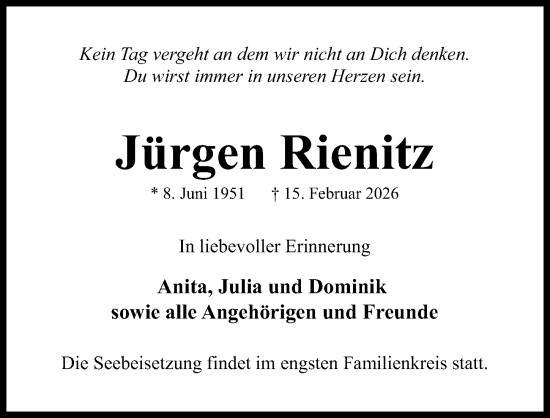 Traueranzeige von Jürgen Rienitz von Lübecker Nachrichten