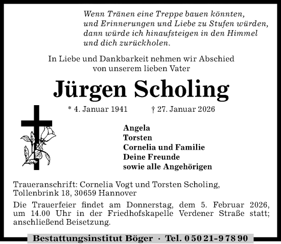 Traueranzeige von Jürgen Scholing von Die Harke