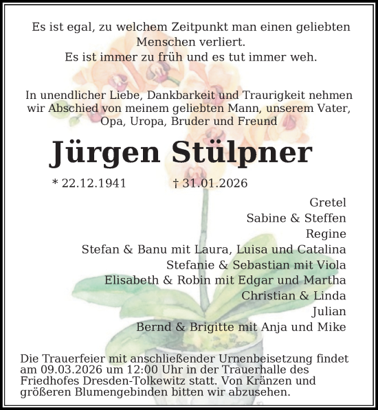Traueranzeige von Jürgen Stülpner von Sächsische Zeitung