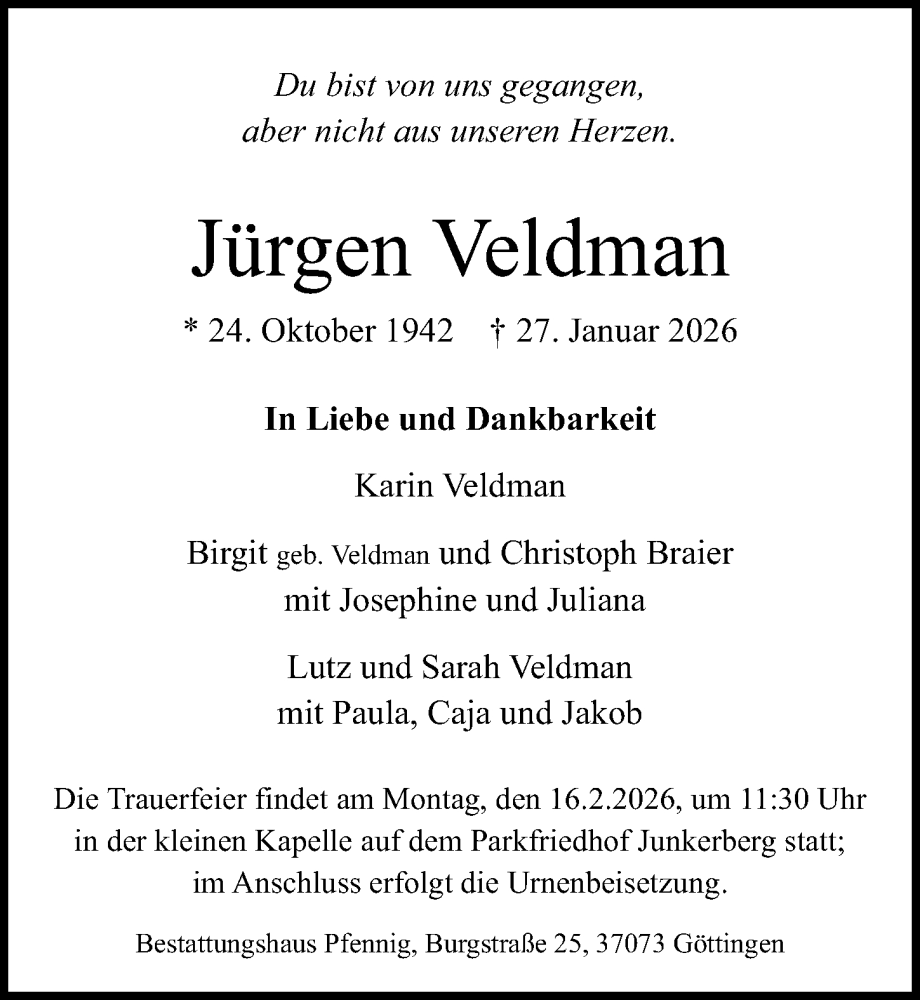  Traueranzeige für Jürgen Veldman vom 07.02.2026 aus Göttinger Tageblatt