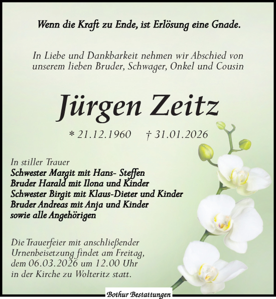 Traueranzeige von Jürgen Zeitz von Leipziger Volkszeitung