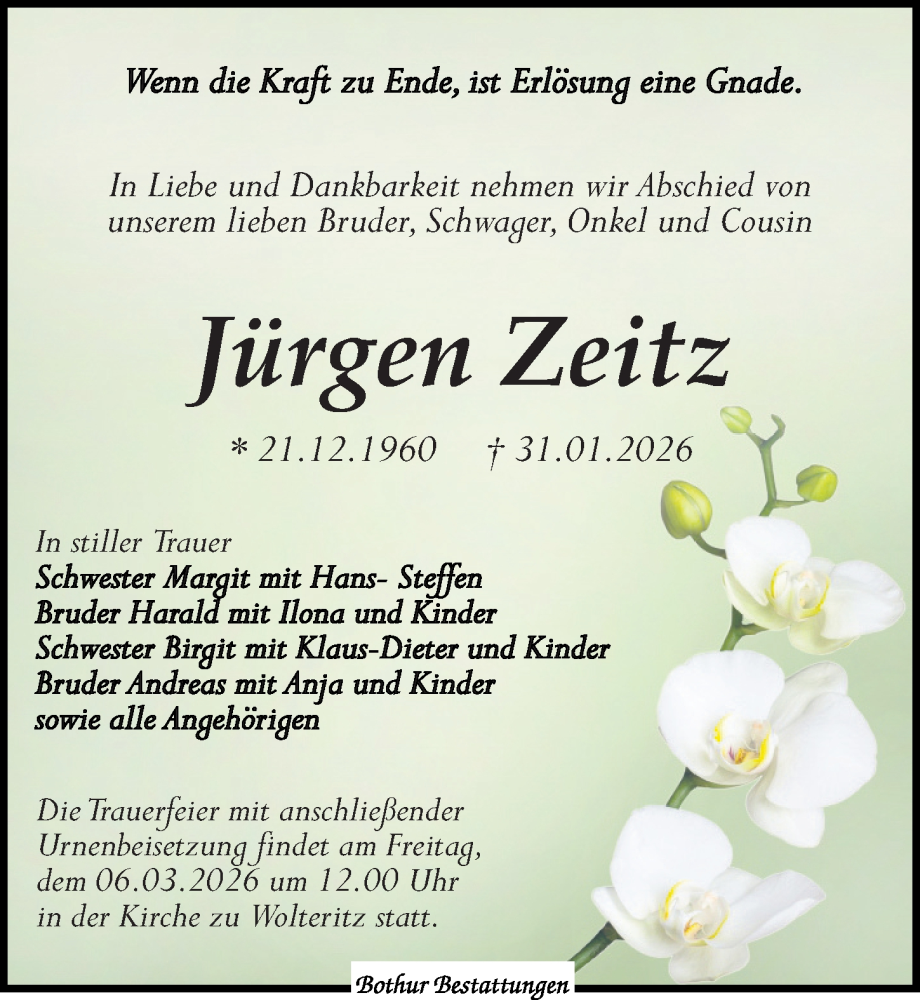  Traueranzeige für Jürgen Zeitz vom 07.02.2026 aus Leipziger Volkszeitung