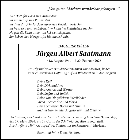 Traueranzeige von Jürgen Albert Saatmann von Ostsee-Zeitung GmbH