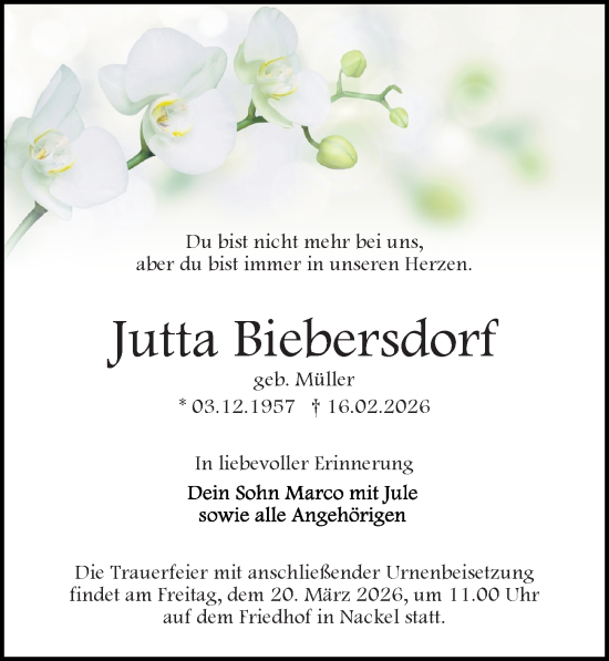 Traueranzeige von Jutta Biebersdorf von Wochenspiegel