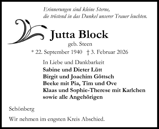 Traueranzeige von Jutta Block von Kieler Nachrichten