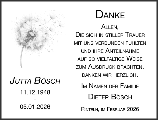 Traueranzeige von Jutta Bösch von Schaumburger Nachrichten und Schaumburger Zeitung/ Landes-Zeitung
