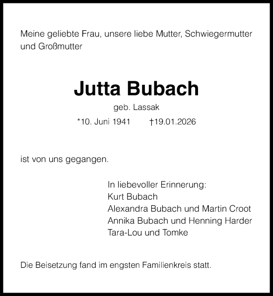 Traueranzeige von Jutta Bubach von Hannoversche Allgemeine Zeitung/Neue Presse