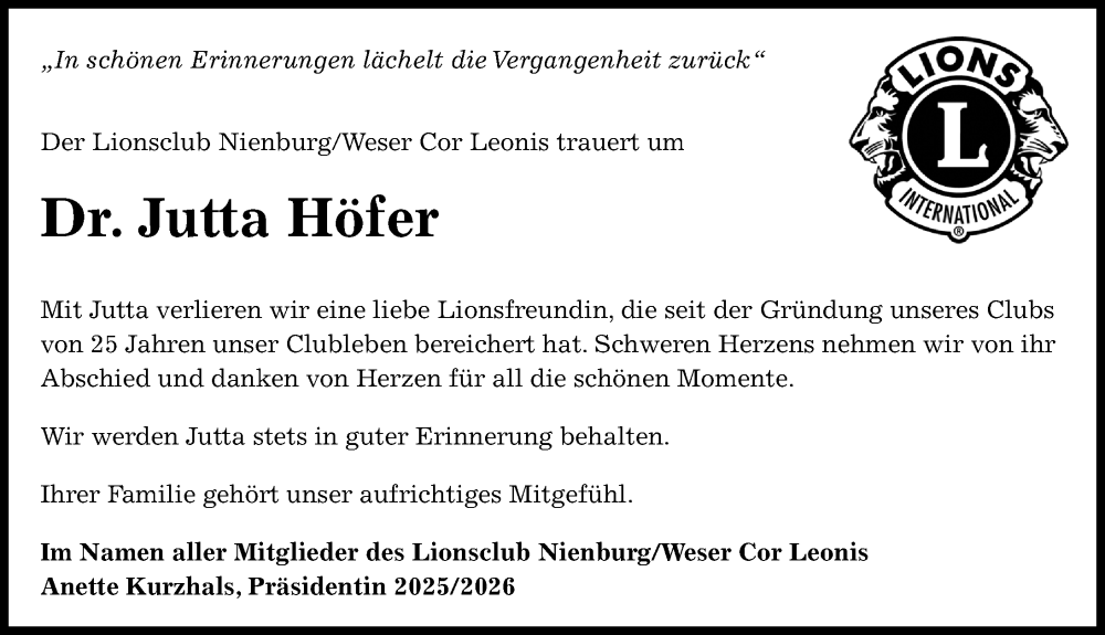  Traueranzeige für Jutta Höfer vom 07.02.2026 aus Die Harke