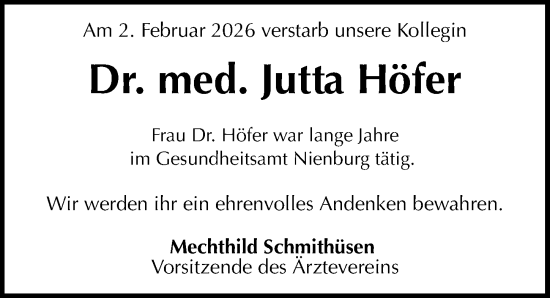 Traueranzeige von Jutta Höfer von Die Harke