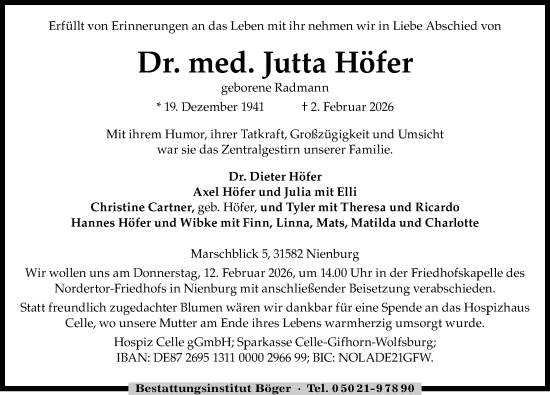 Traueranzeige von Jutta Höfer von Die Harke