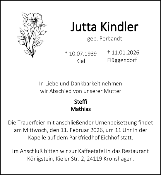 Traueranzeige von Jutta Kindler von Kieler Nachrichten