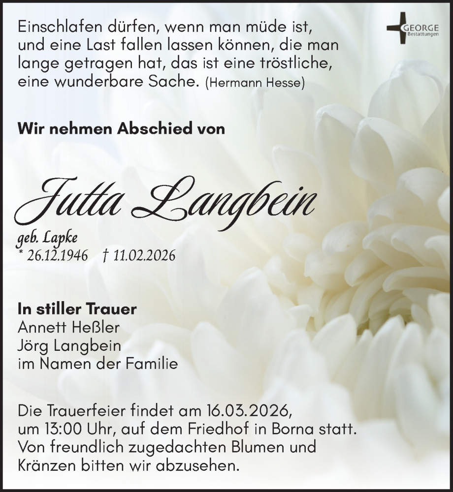  Traueranzeige für Jutta Langbein vom 21.02.2026 aus Leipziger Volkszeitung