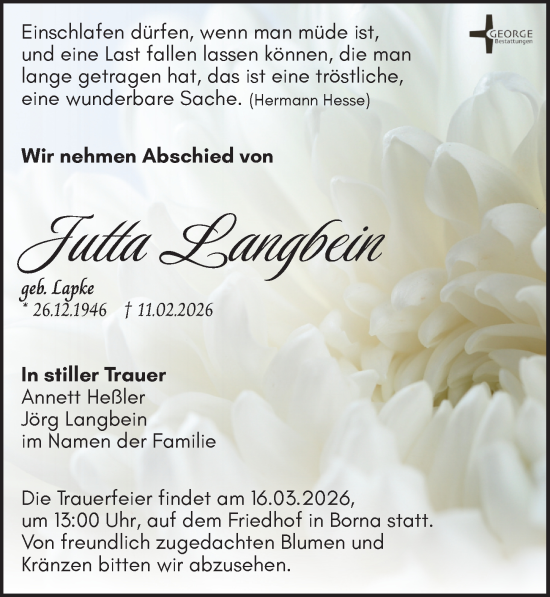 Traueranzeige von Jutta Langbein von Leipziger Volkszeitung
