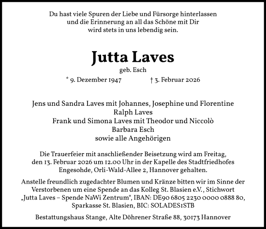 Traueranzeige von Jutta Laves von Hannoversche Allgemeine Zeitung/Neue Presse