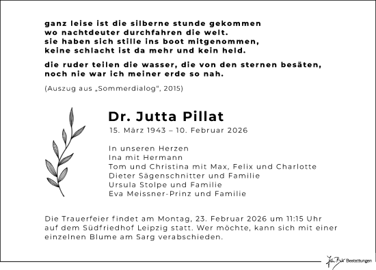 Traueranzeige von Jutta Pillat von Leipziger Volkszeitung