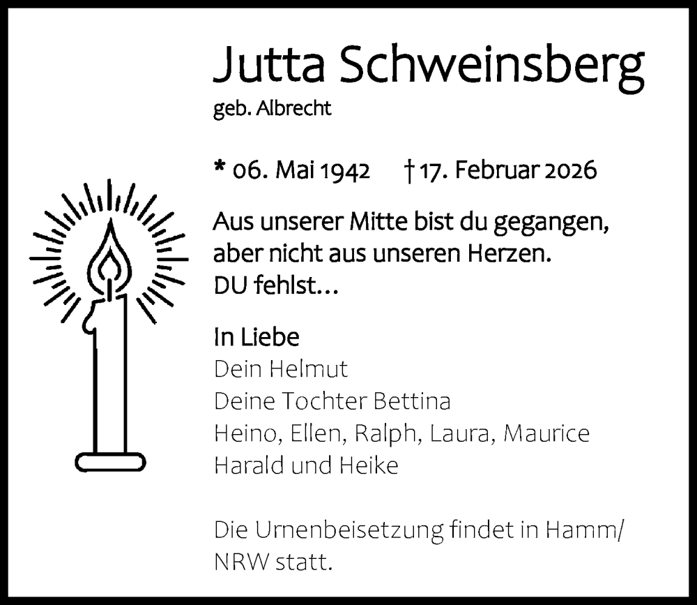  Traueranzeige für Jutta Schweinsberg vom 21.02.2026 aus Kieler Nachrichten