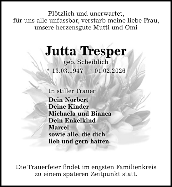 Traueranzeige von Jutta Tresper von Wochenspiegel