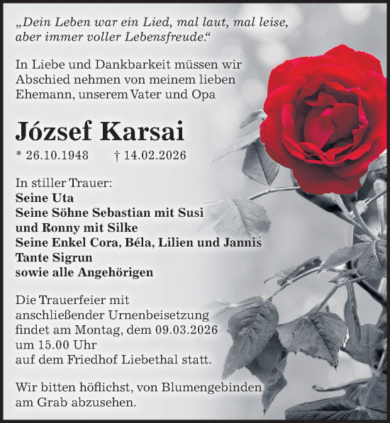 Traueranzeige von József Karsai von Sächsische Zeitung