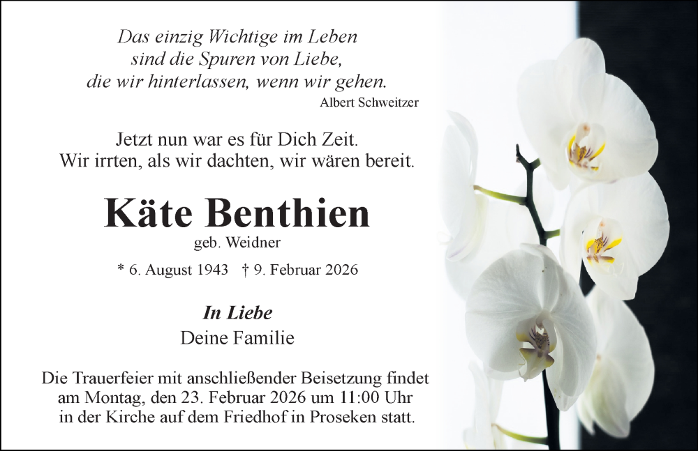 Traueranzeige für Käte Benthien vom 14.02.2026 aus Ostsee-Zeitung GmbH