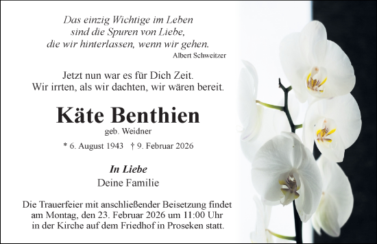 Traueranzeige von Käte Benthien von Ostsee-Zeitung GmbH
