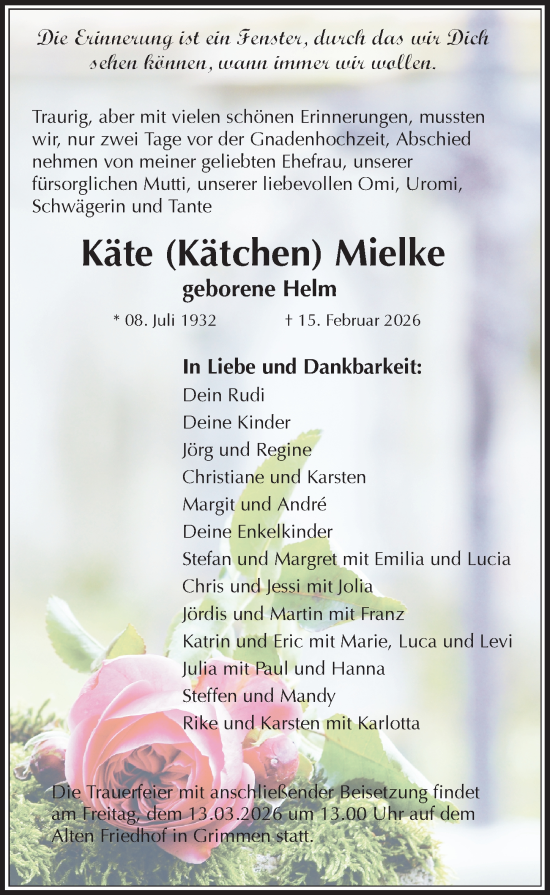 Traueranzeige von Käte Mielke von Ostsee-Zeitung GmbH