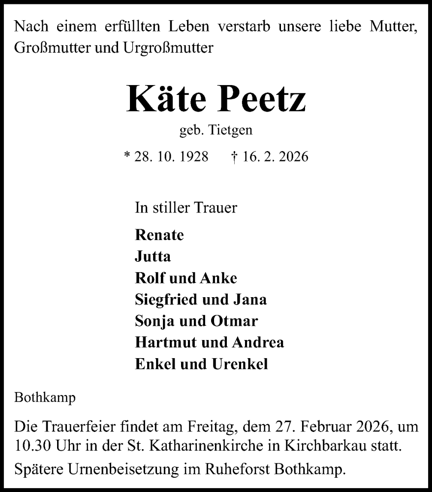  Traueranzeige für Käte Peetz vom 21.02.2026 aus Kieler Nachrichten