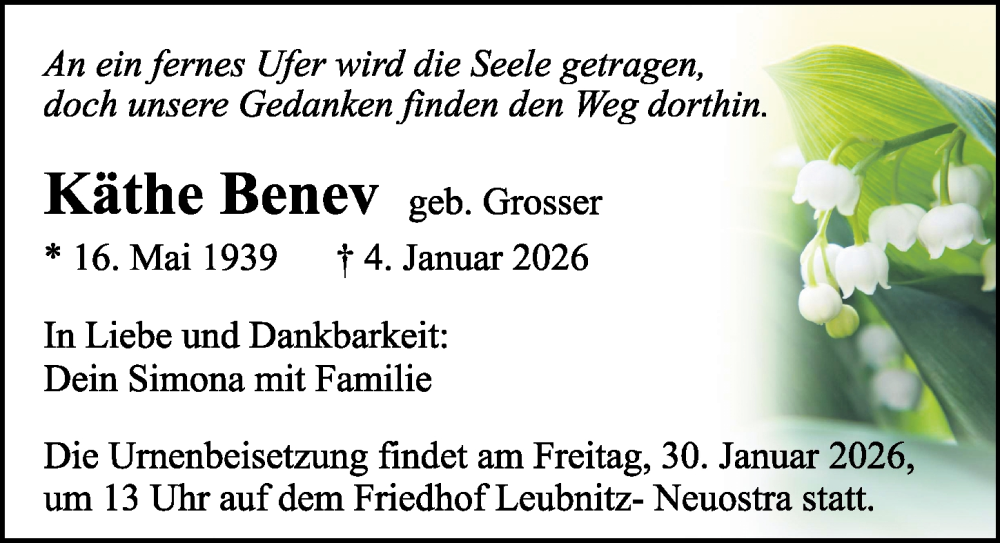  Traueranzeige für Käthe Benev vom 24.01.2026 aus Sächsische Zeitung