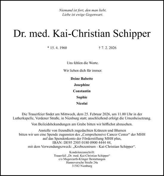 Traueranzeige von Kai-Christian Schipper von Die Harke
