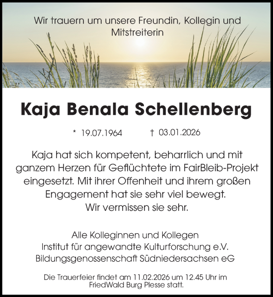 Traueranzeige von Kaja Benala Schellenberg von Göttinger Tageblatt