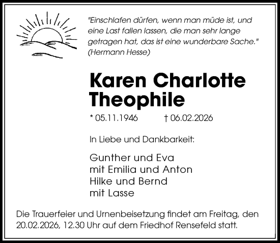 Traueranzeige von Karen Charlotte Theophile von Lübecker Nachrichten