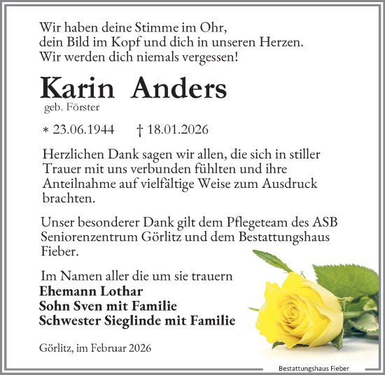 Traueranzeige von Karin Anders von Sächsische Zeitung