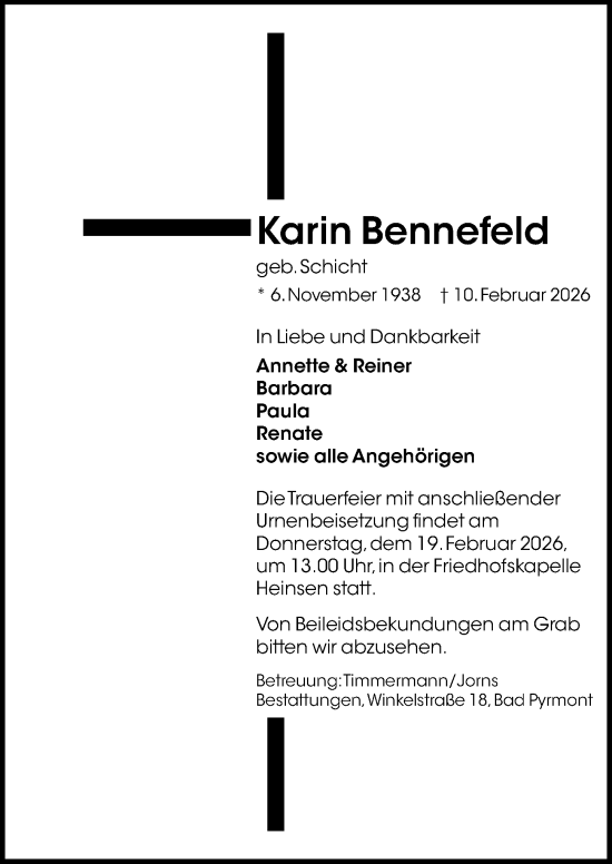 Traueranzeige von Karin Bennefeld von Täglicher Anzeiger Holzminden