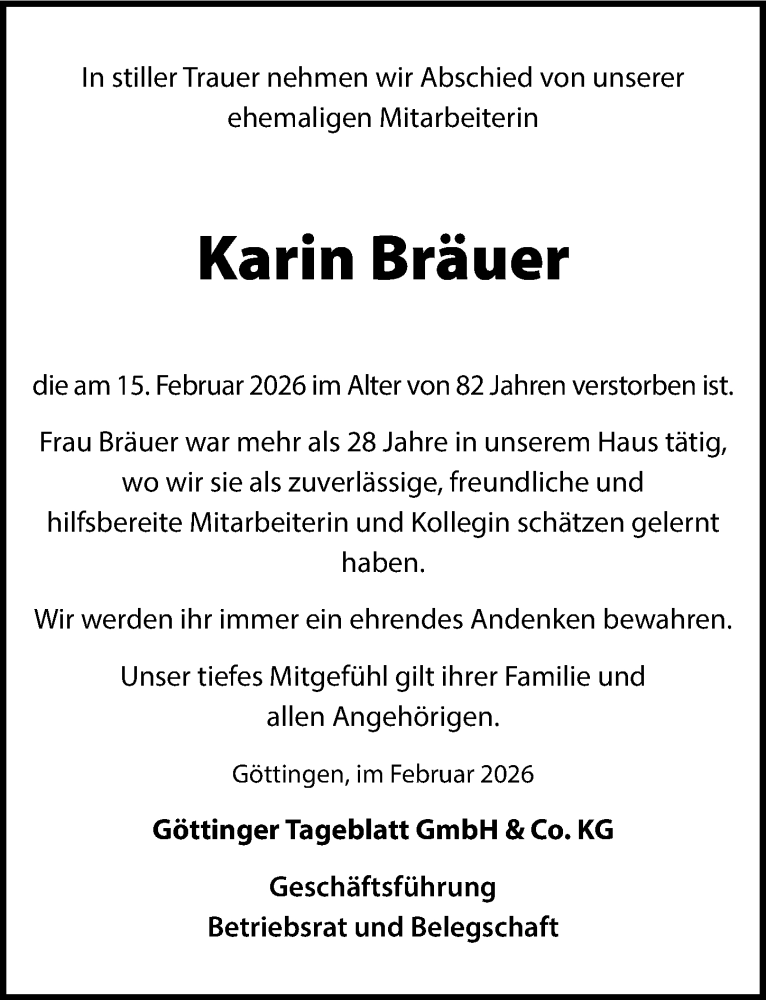  Traueranzeige für Karin Bräuer vom 28.02.2026 aus Göttinger Tageblatt
