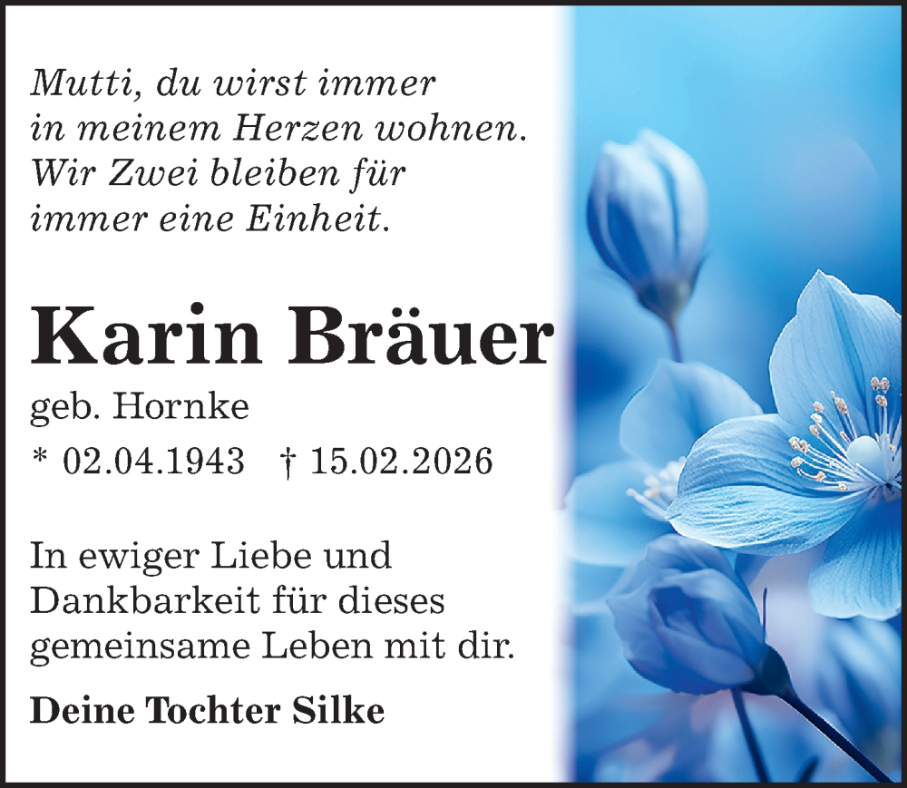  Traueranzeige für Karin Bräuer vom 28.02.2026 aus Göttinger Tageblatt