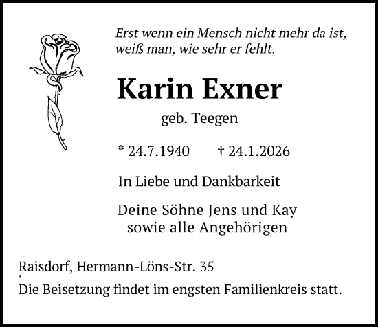 Traueranzeige von Karin Exner von Kieler Nachrichten