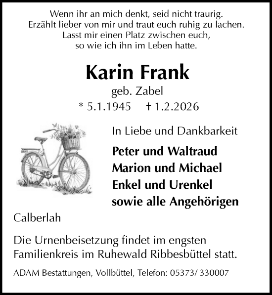 Traueranzeige von Karin Frank von Aller Zeitung
