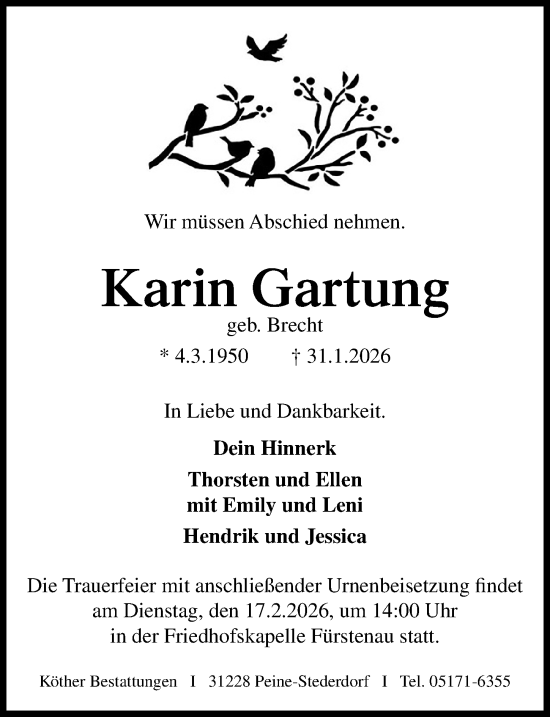 Traueranzeige von Karin Gartung von Peiner Allgemeine Zeitung