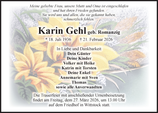Traueranzeige von Karin Gehl von Wochenspiegel