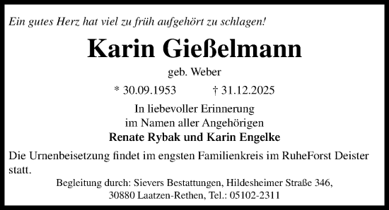 Traueranzeige von Karin Gießelmann von Hannoversche Allgemeine Zeitung/Neue Presse