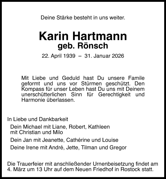 Traueranzeige von Karin Hartmann von Ostsee-Zeitung GmbH